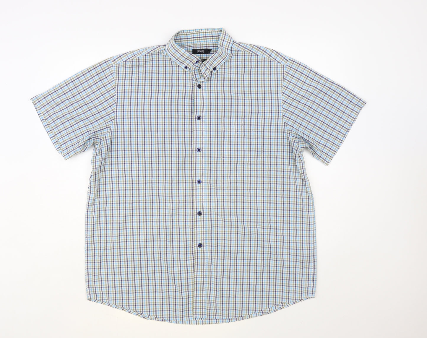 F&F Mens Blue Plaid Cotton Button-Up Size L Collared Button