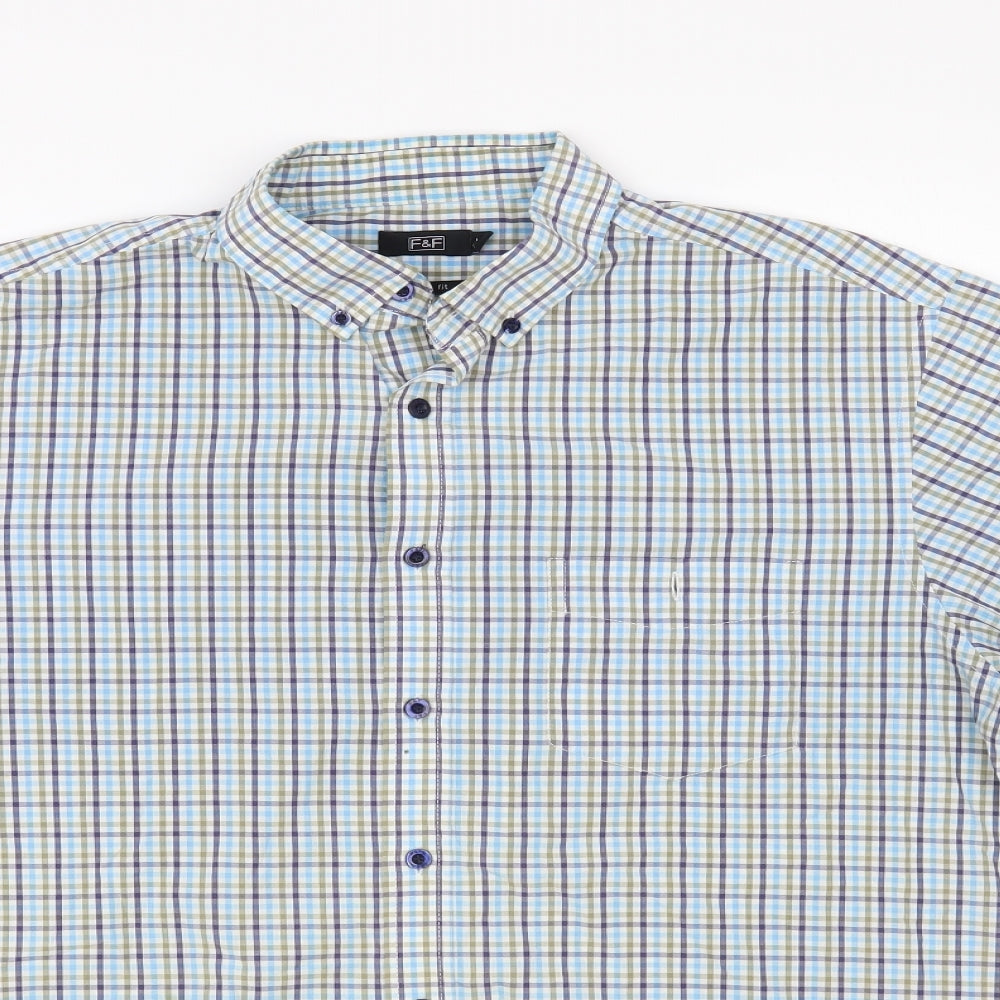 F&F Mens Blue Plaid Cotton Button-Up Size L Collared Button