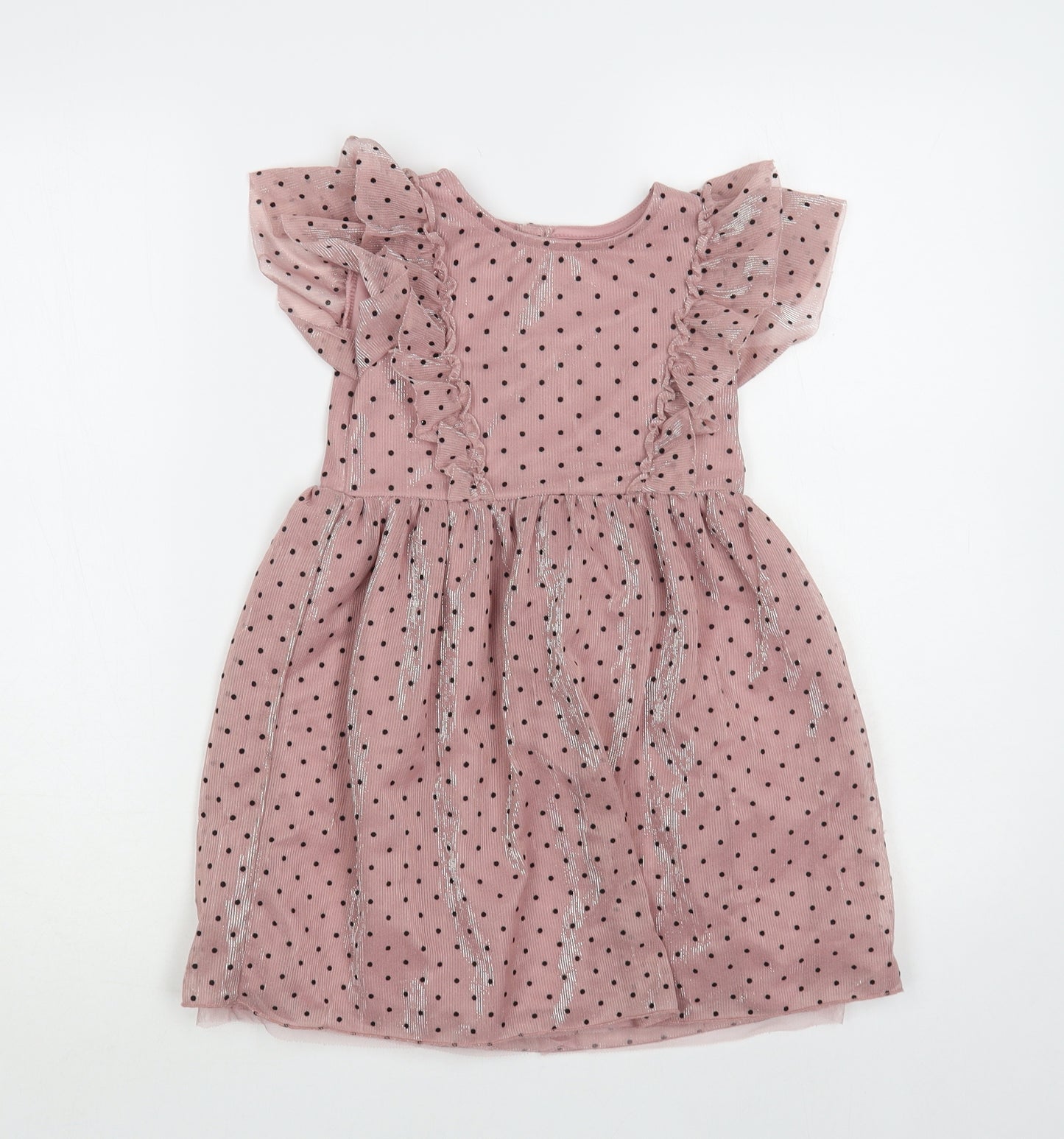 Primark Girls Pink Polka Dot Polyester Fit & Flare Size 6-7 Years Round Neck Button