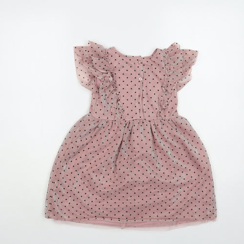 Primark Girls Pink Polka Dot Polyester Fit & Flare Size 6-7 Years Round Neck Button