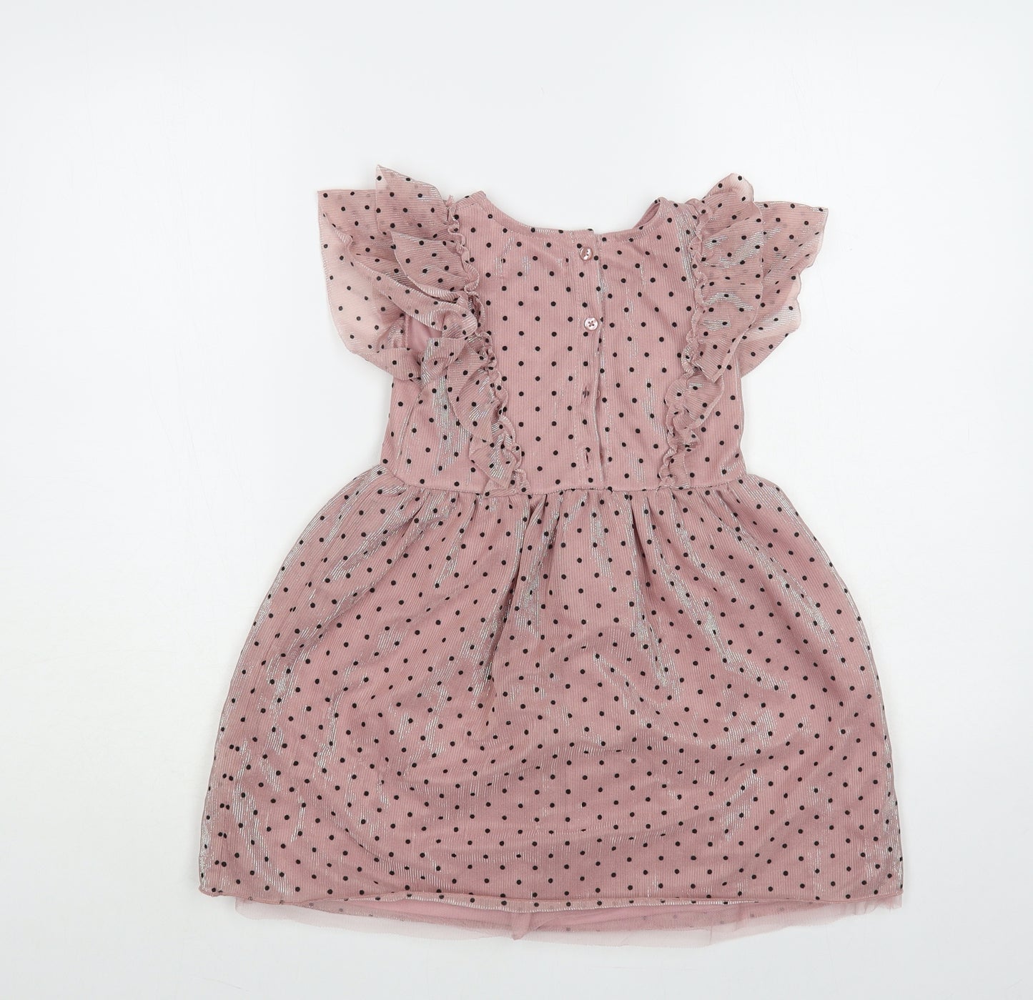 Primark Girls Pink Polka Dot Polyester Fit & Flare Size 6-7 Years Round Neck Button