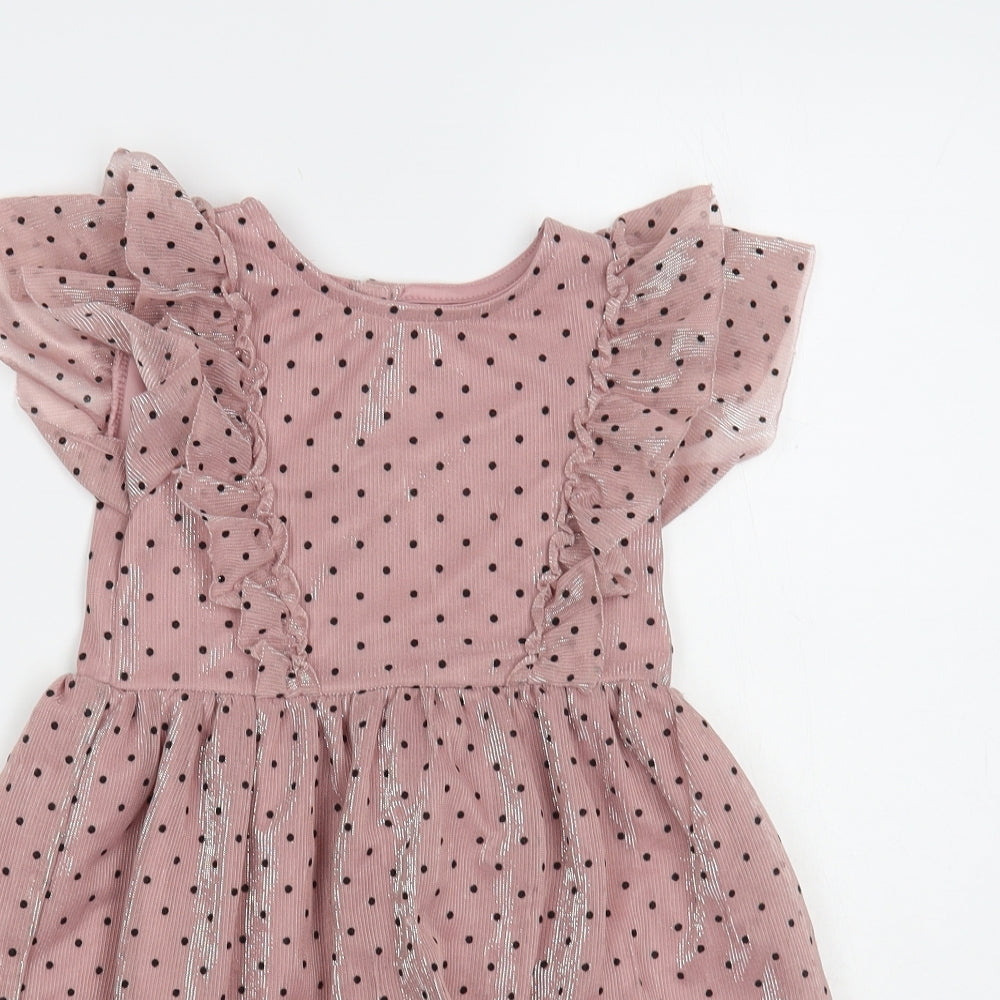 Primark Girls Pink Polka Dot Polyester Fit & Flare Size 6-7 Years Round Neck Button