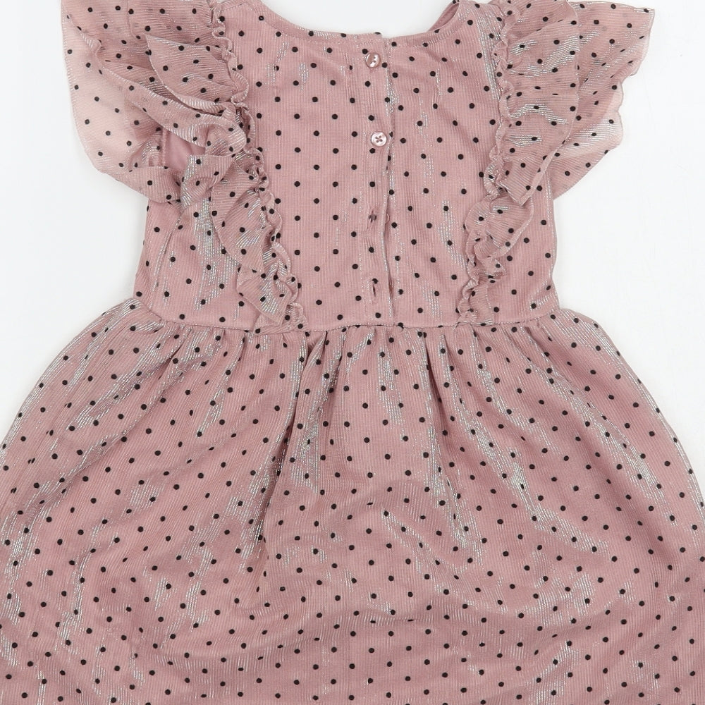 Primark Girls Pink Polka Dot Polyester Fit & Flare Size 6-7 Years Round Neck Button