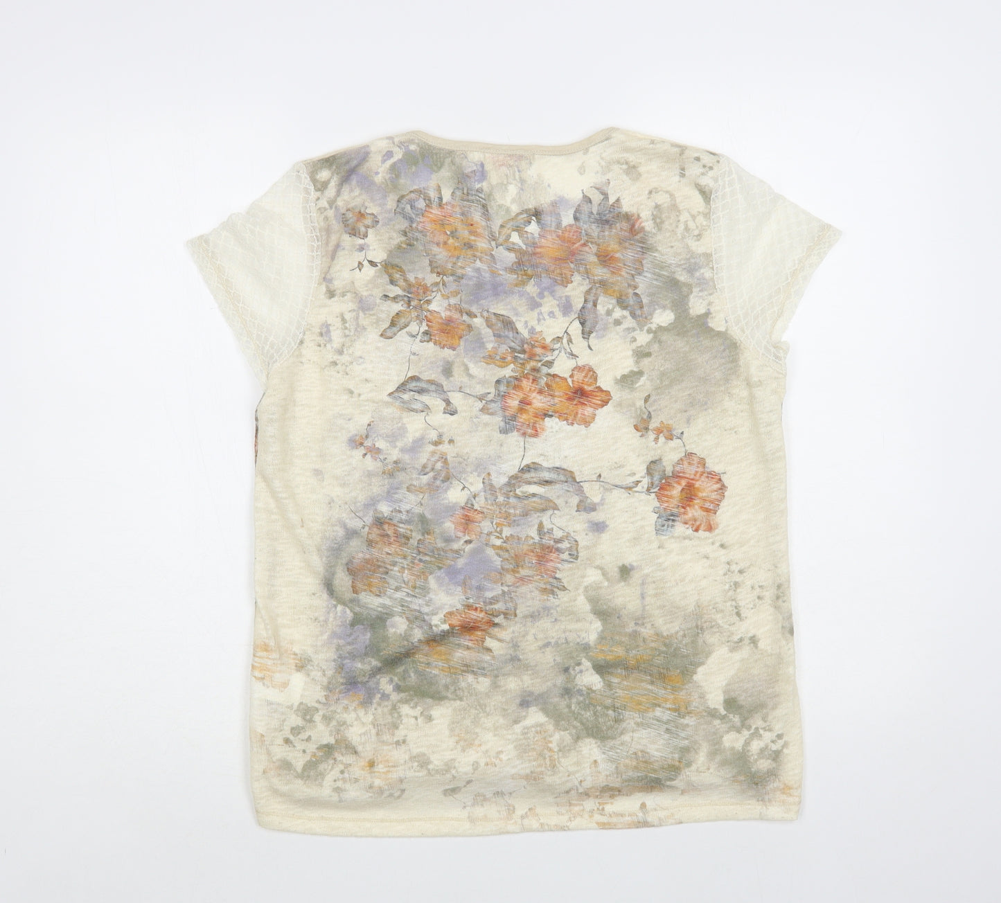 Kalisson Womens Beige Floral Cotton Basic Blouse Size XL Scoop Neck - Lace Detail