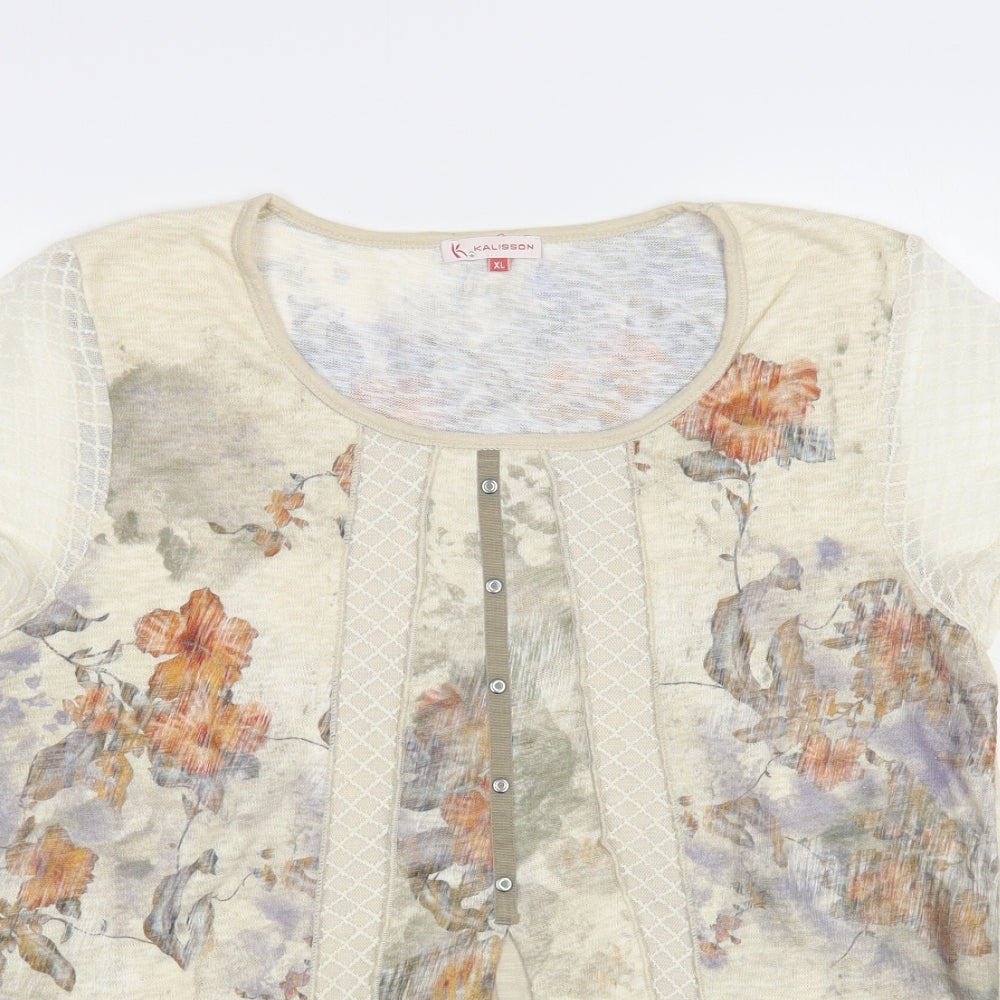 Kalisson Womens Beige Floral Cotton Basic Blouse Size XL Scoop Neck - Lace Detail