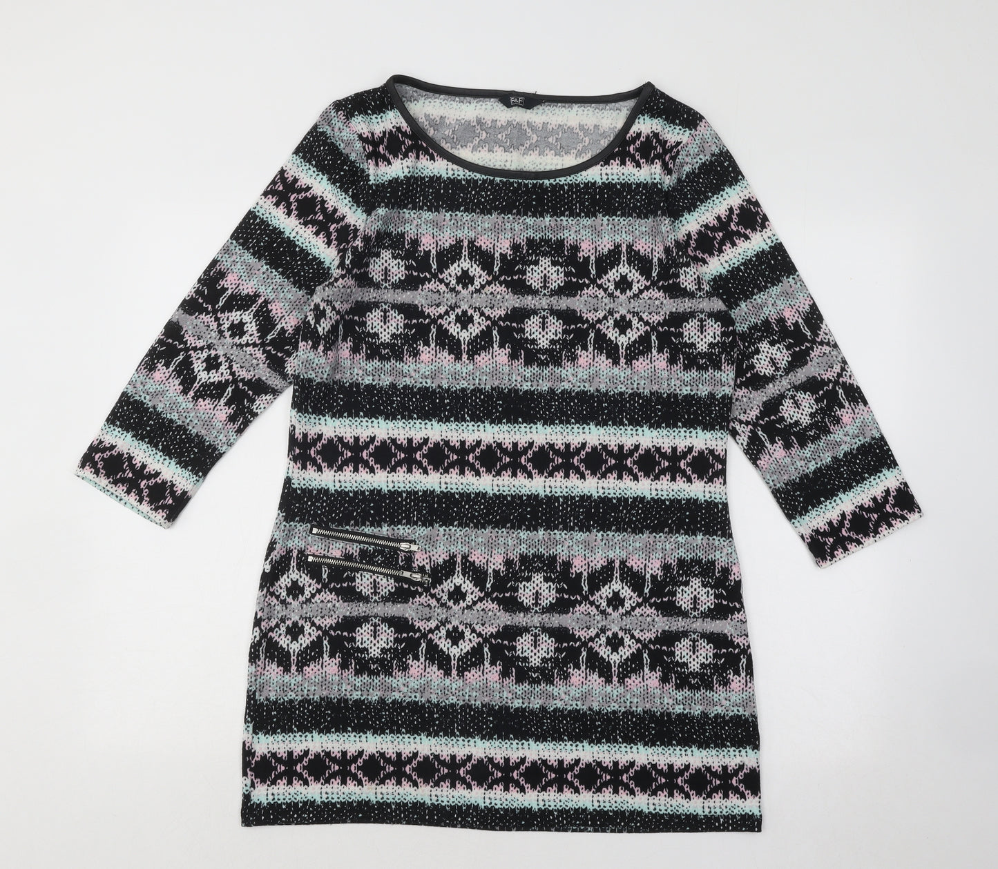 F&F Womens Multicoloured Geometric Polyester Jumper Dress Size 14 Round Neck Pullover