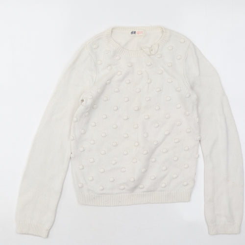 H&M Girls White Round Neck Geometric Viscose Pullover Jumper Size 9-10 Years Pullover