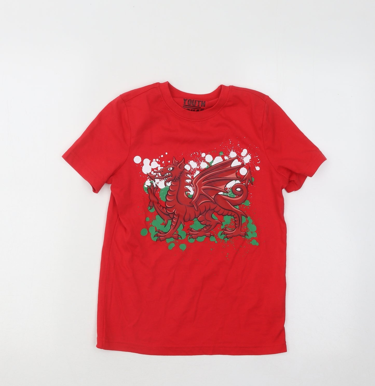F&F Boys Red Cotton Basic T-Shirt Size 6-7 Years Round Neck Pullover - Welsh Dragon