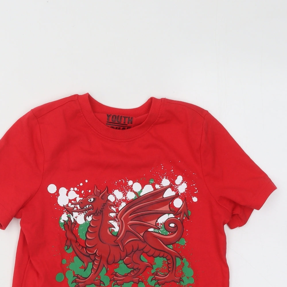 F&F Boys Red Cotton Basic T-Shirt Size 6-7 Years Round Neck Pullover - Welsh Dragon