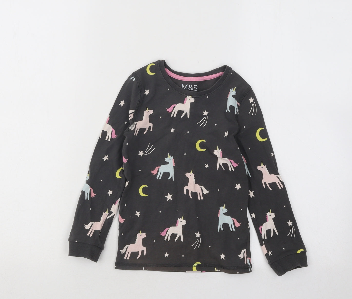 Marks and Spencer Girls Grey Geometric Cotton Basic T-Shirt Size 3-4 Years Round Neck Pullover - Unicorn Rainbow