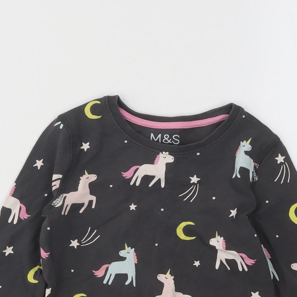 Marks and Spencer Girls Grey Geometric Cotton Basic T-Shirt Size 3-4 Years Round Neck Pullover - Unicorn Rainbow
