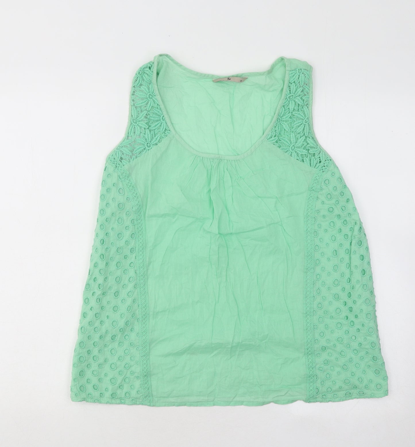 TU Womens Green Geometric Cotton Basic Tank Size 12 Round Neck