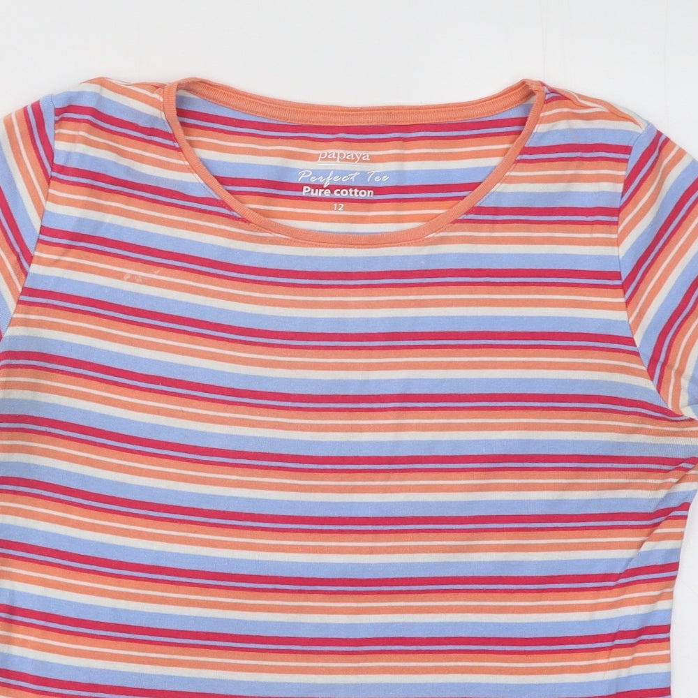 Papaya Womens Multicoloured Striped Cotton Basic T-Shirt Size 12 Round Neck