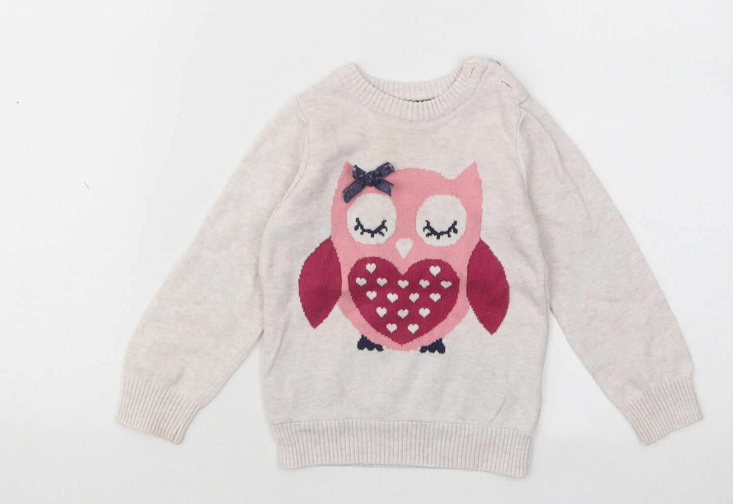 Young Dimension Girls Beige Cotton Pullover Jumper Size 9-12 Months Button - Owl