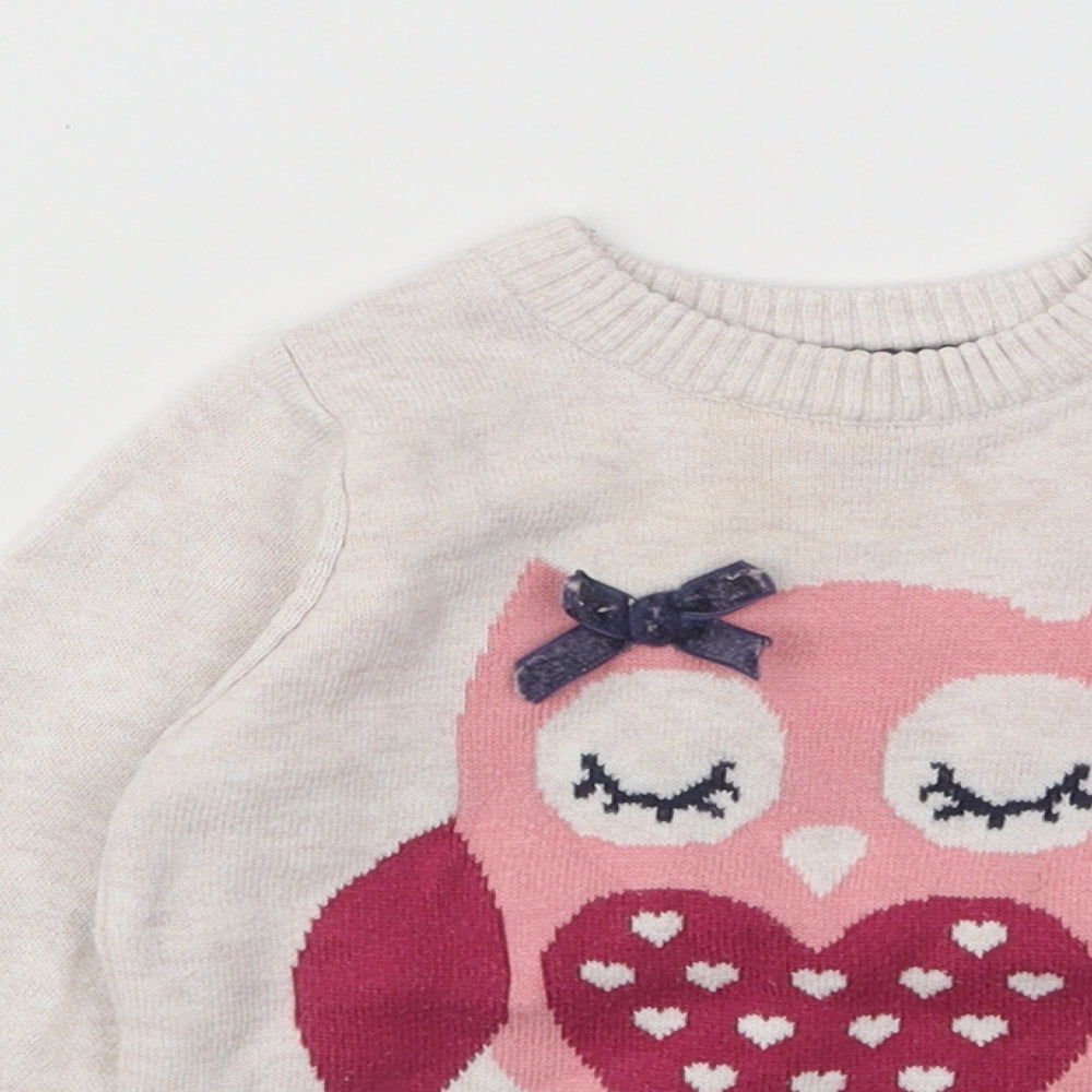 Young Dimension Girls Beige Cotton Pullover Jumper Size 9-12 Months Button - Owl