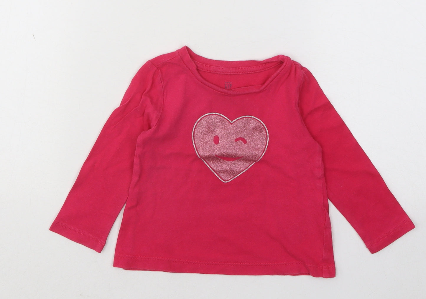 Gap Girls Pink Cotton Basic T-Shirt Size 12-18 Months Round Neck Pullover - Love Heart