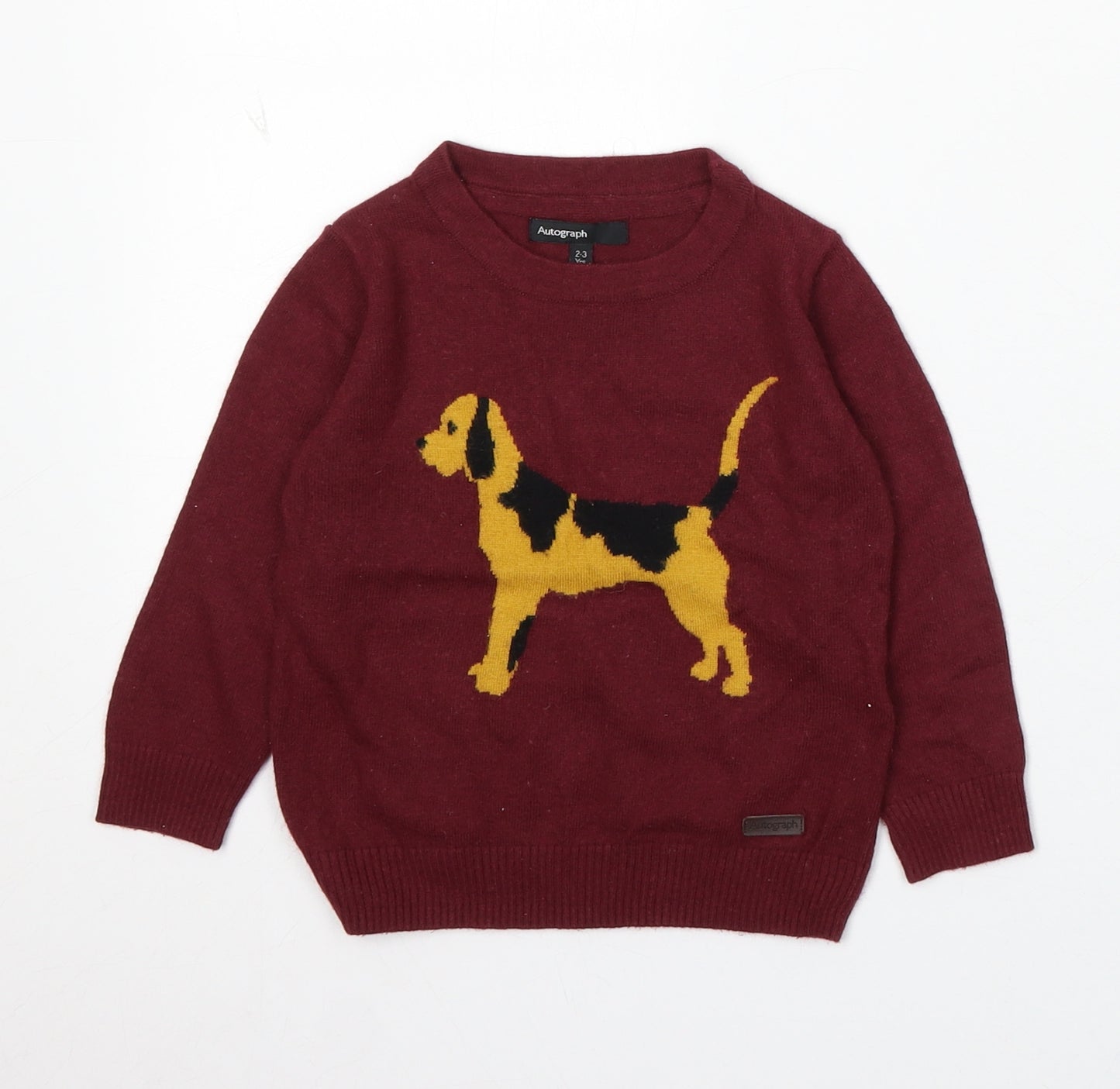 Marks and Spencer Boys Red Round Neck Acrylic Pullover Jumper Size 2-3 Years - Dog