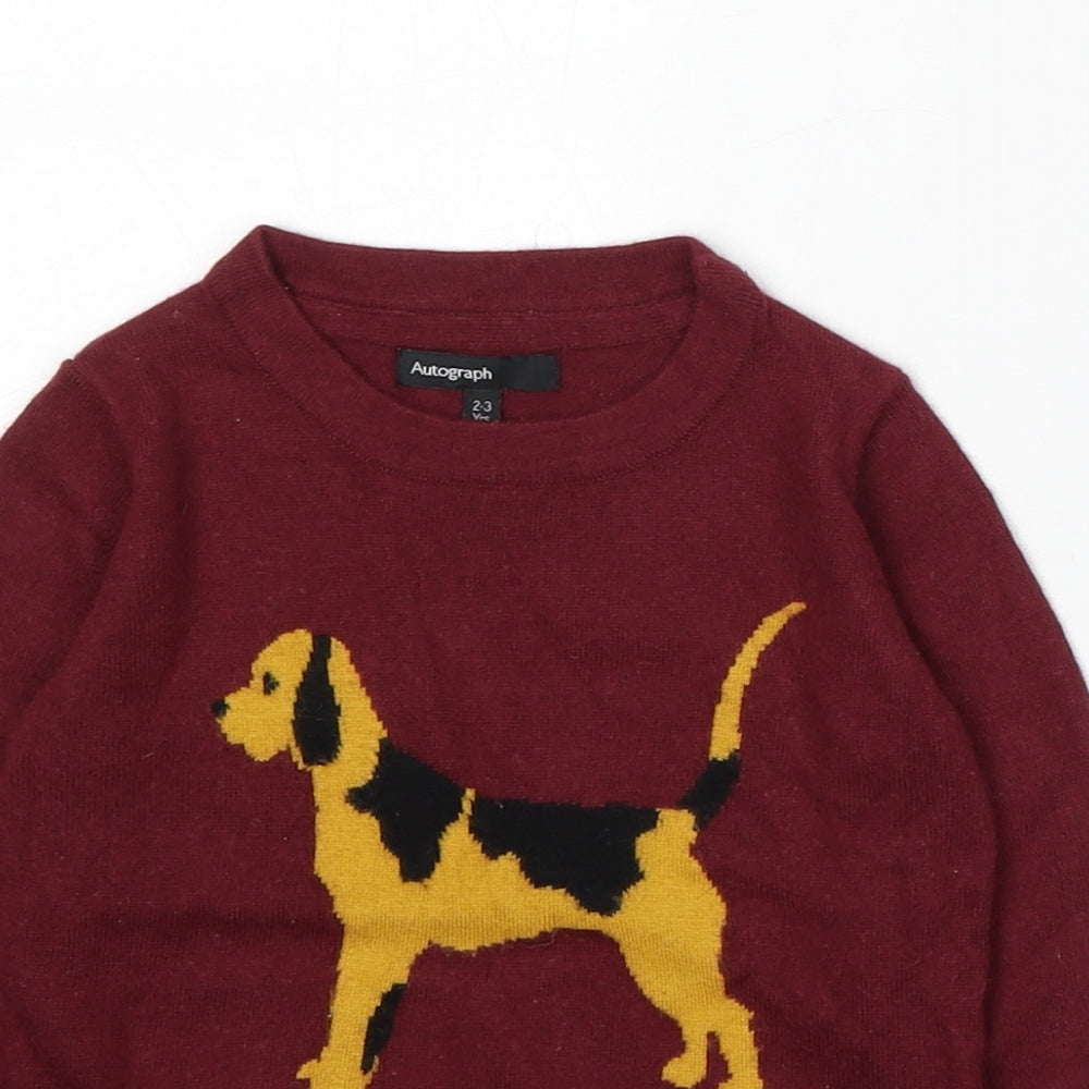 Marks and Spencer Boys Red Round Neck Acrylic Pullover Jumper Size 2-3 Years - Dog