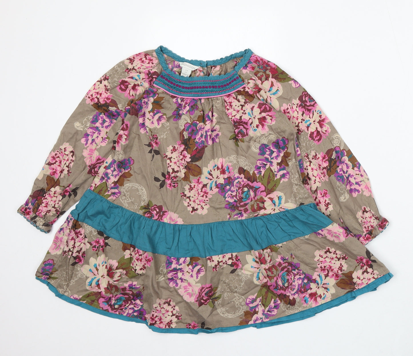 Monsoon Girls Brown Floral Viscose Skater Dress Size 7-8 Years Round Neck Button