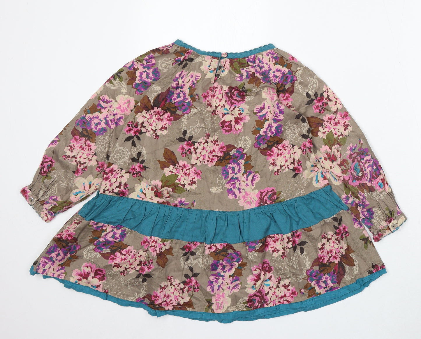Monsoon Girls Brown Floral Viscose Skater Dress Size 7-8 Years Round Neck Button