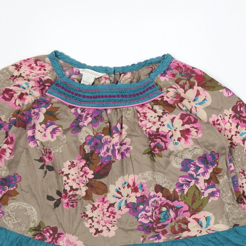Monsoon Girls Brown Floral Viscose Skater Dress Size 7-8 Years Round Neck Button
