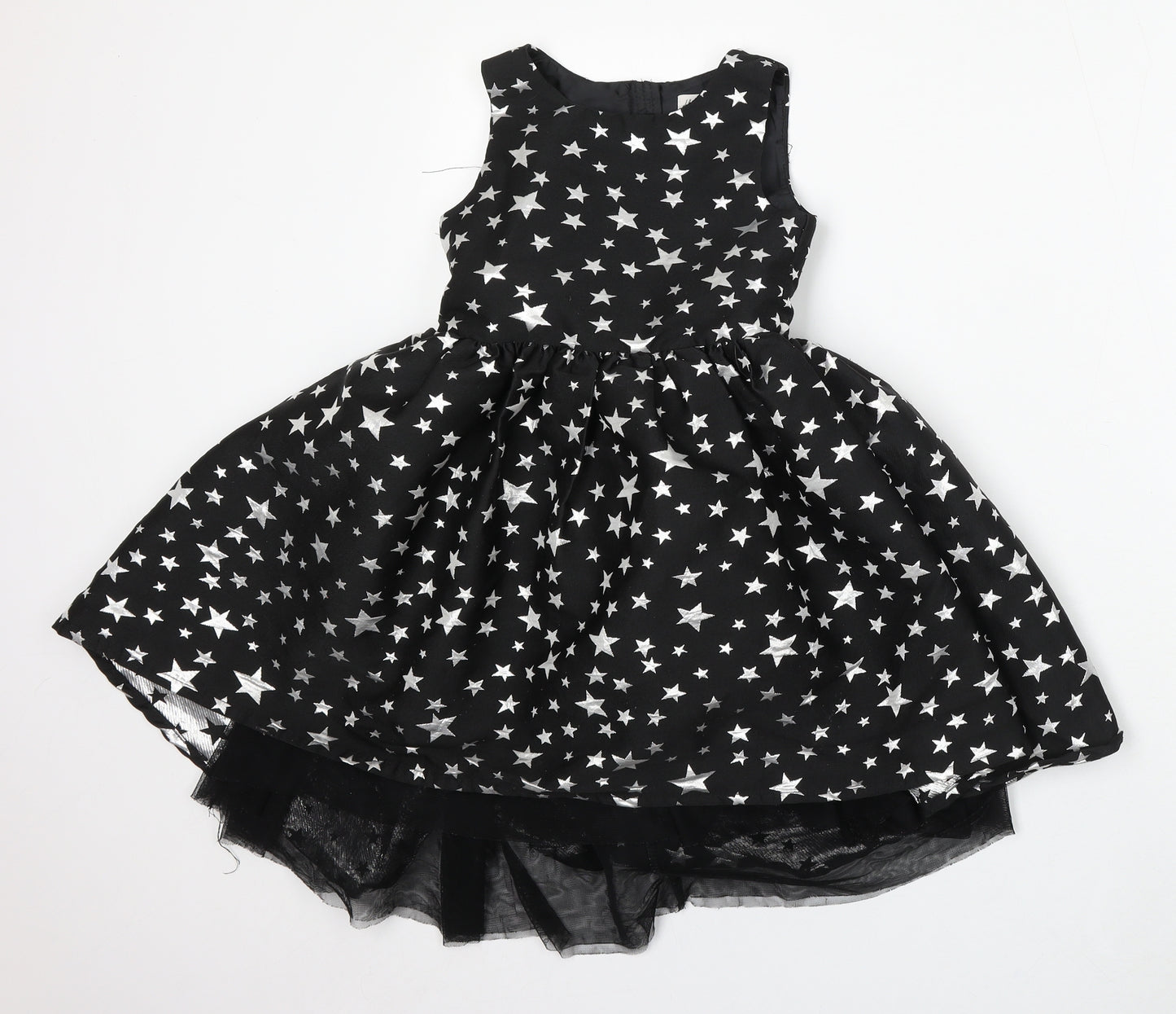 H&M Girls Black Geometric Polyester Skater Dress Size 6 Years Round Neck Zip - Stars