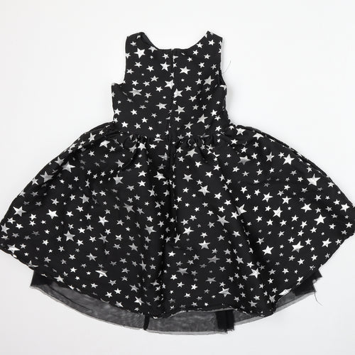 H&M Girls Black Geometric Polyester Skater Dress Size 6 Years Round Neck Zip - Stars
