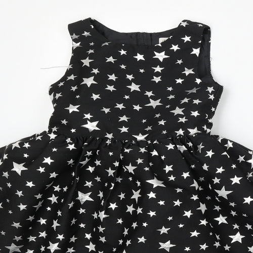 H&M Girls Black Geometric Polyester Skater Dress Size 6 Years Round Neck Zip - Stars