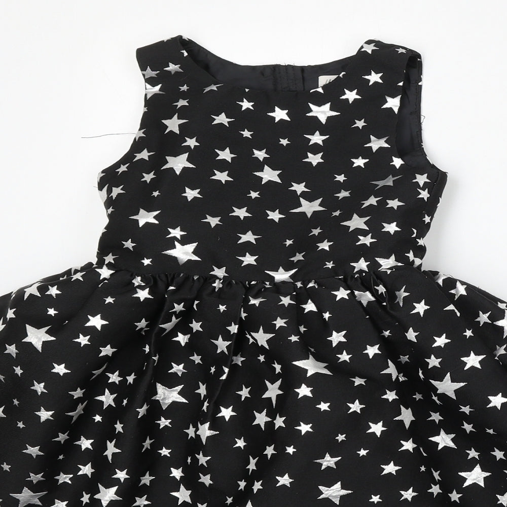 H&M Girls Black Geometric Polyester Skater Dress Size 6 Years Round Neck Zip - Stars
