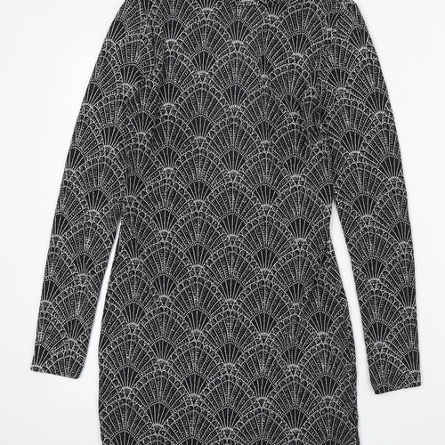 Divided by H&M Womens Black Geometric Polyester Bodycon Size 14 Round Neck Hook & Eye