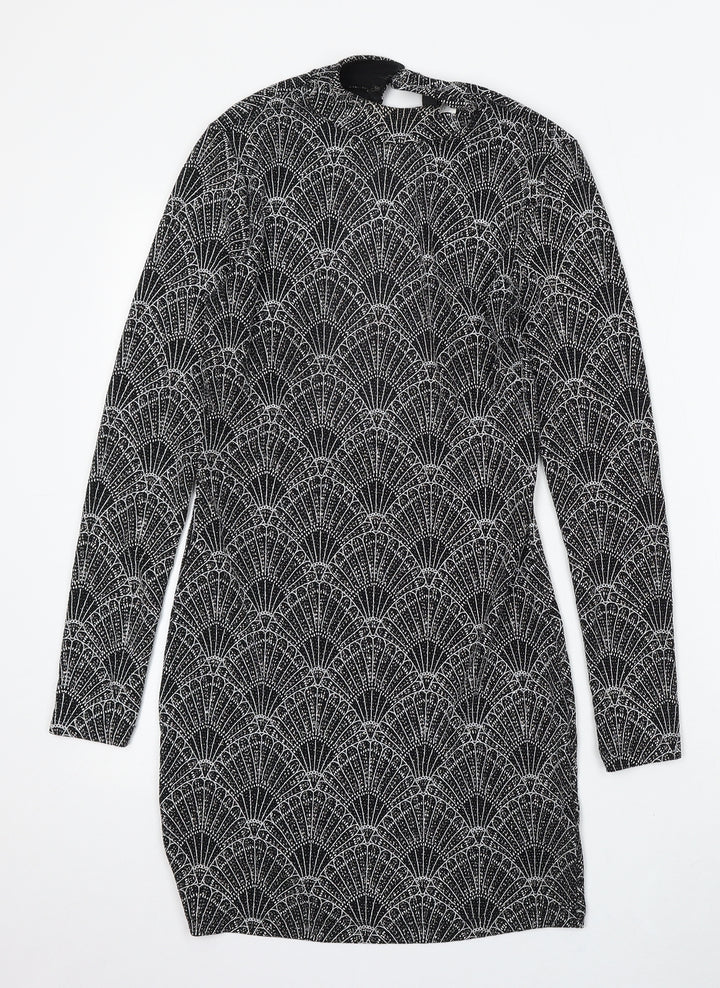 Divided by H&M Womens Black Geometric Polyester Bodycon Size 14 Round Neck Hook & Eye