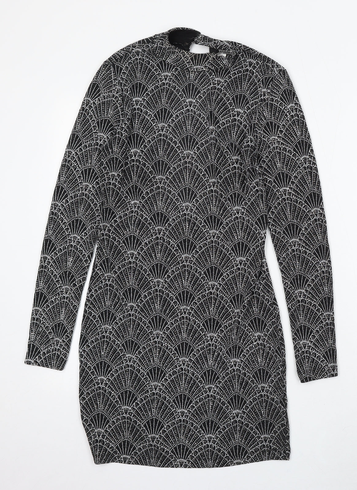 Divided by H&M Womens Black Geometric Polyester Bodycon Size 14 Round Neck Hook & Eye