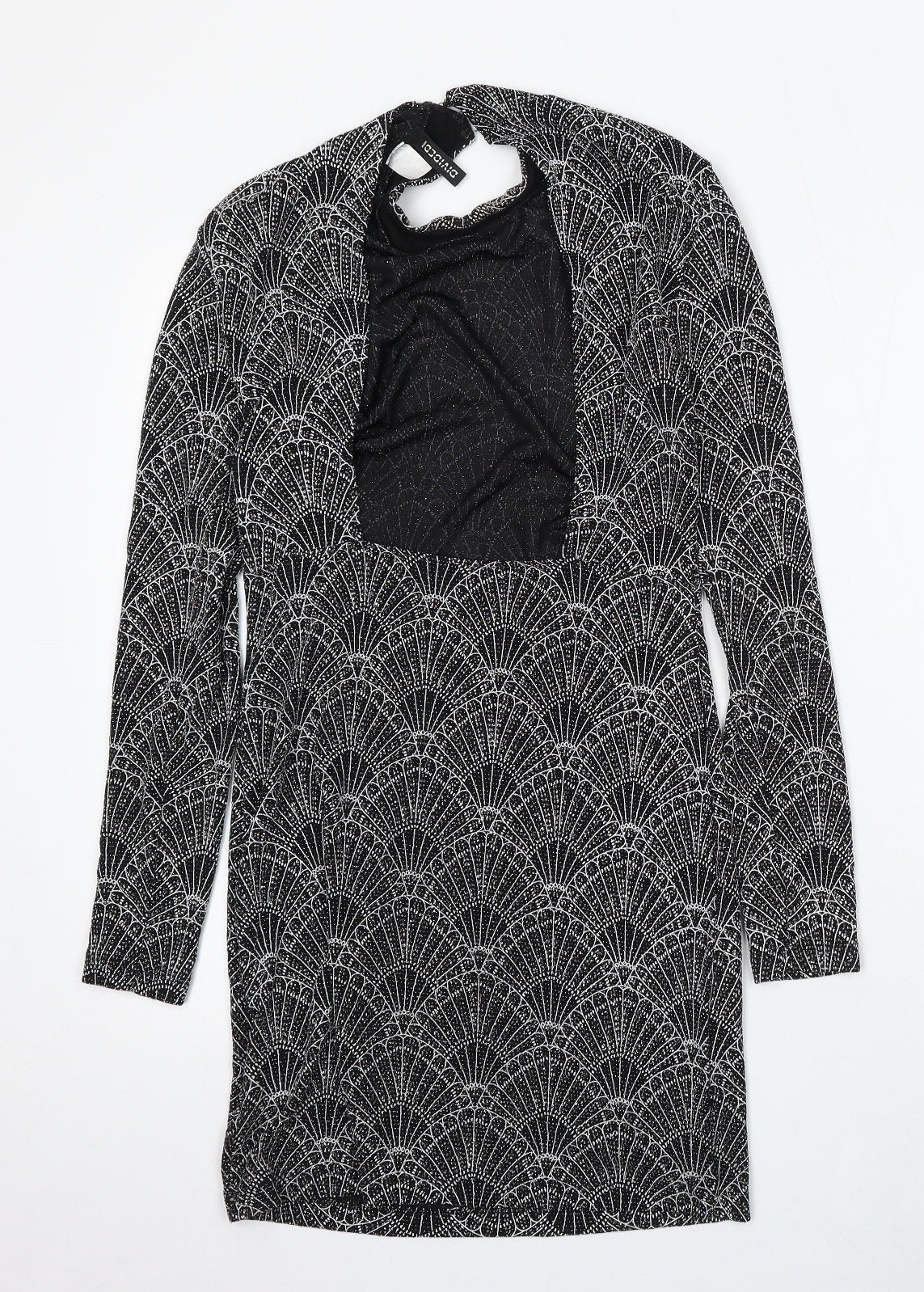 Divided by H&M Womens Black Geometric Polyester Bodycon Size 14 Round Neck Hook & Eye