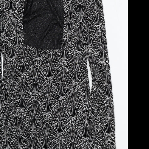Divided by H&M Womens Black Geometric Polyester Bodycon Size 14 Round Neck Hook & Eye
