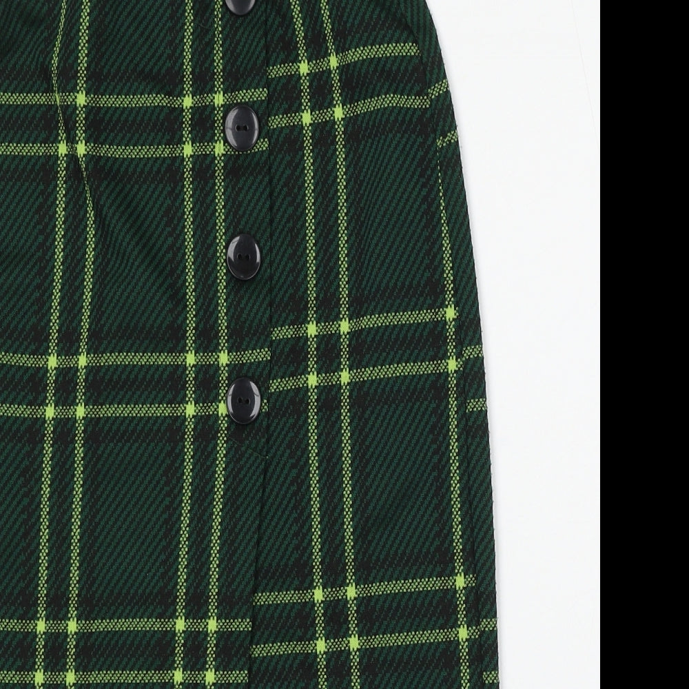 Stradivarius Womens Green Check Polyester Straight & Pencil Skirt Size S Button