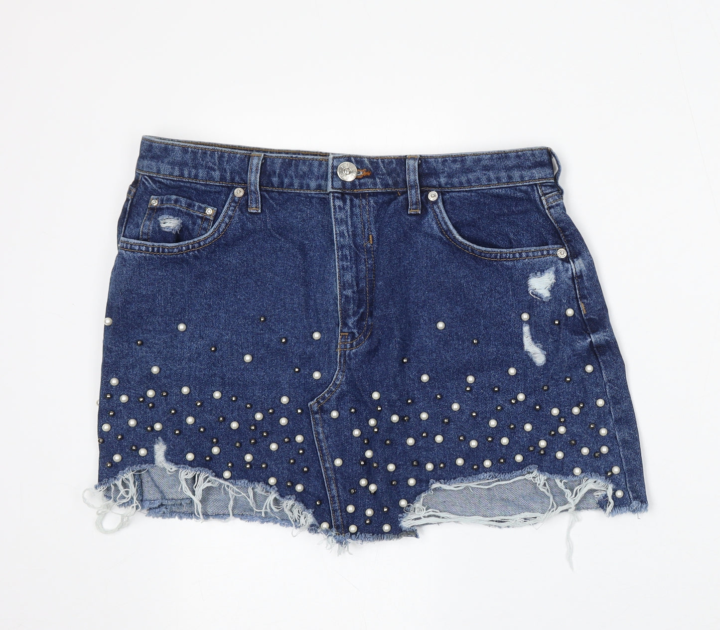 River Island Womens Blue Cotton A-Line Skirt Size 14 Button - Distressed