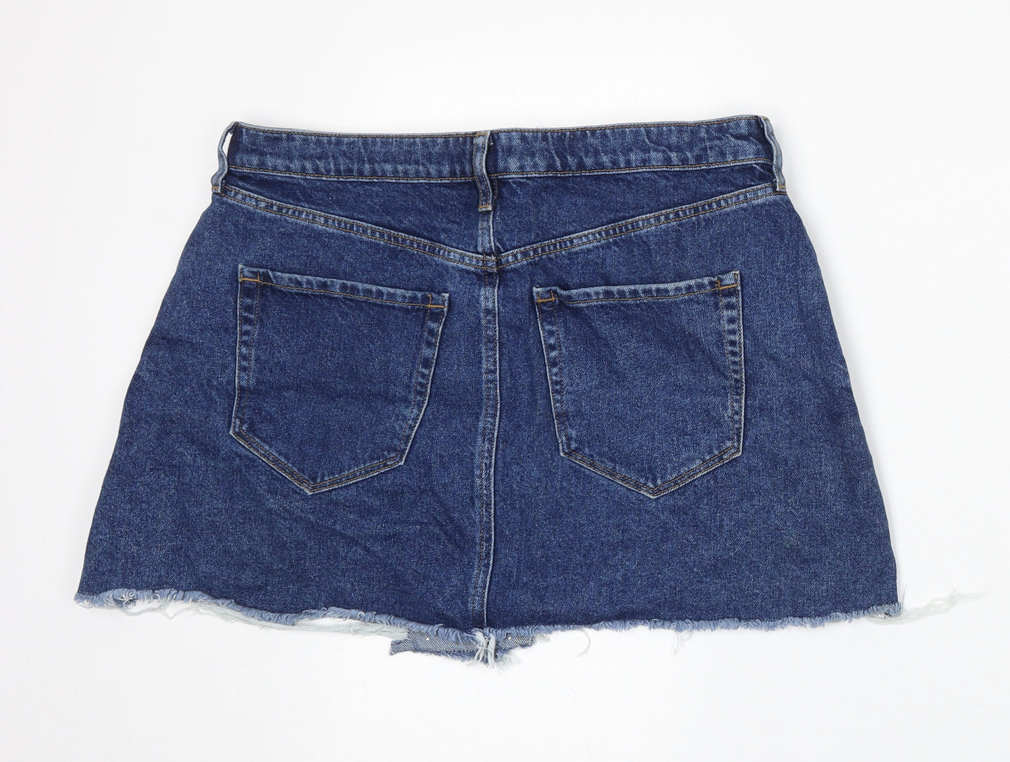 River Island Womens Blue Cotton A-Line Skirt Size 14 Button - Distressed