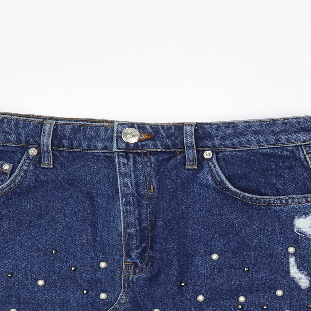 River Island Womens Blue Cotton A-Line Skirt Size 14 Button - Distressed