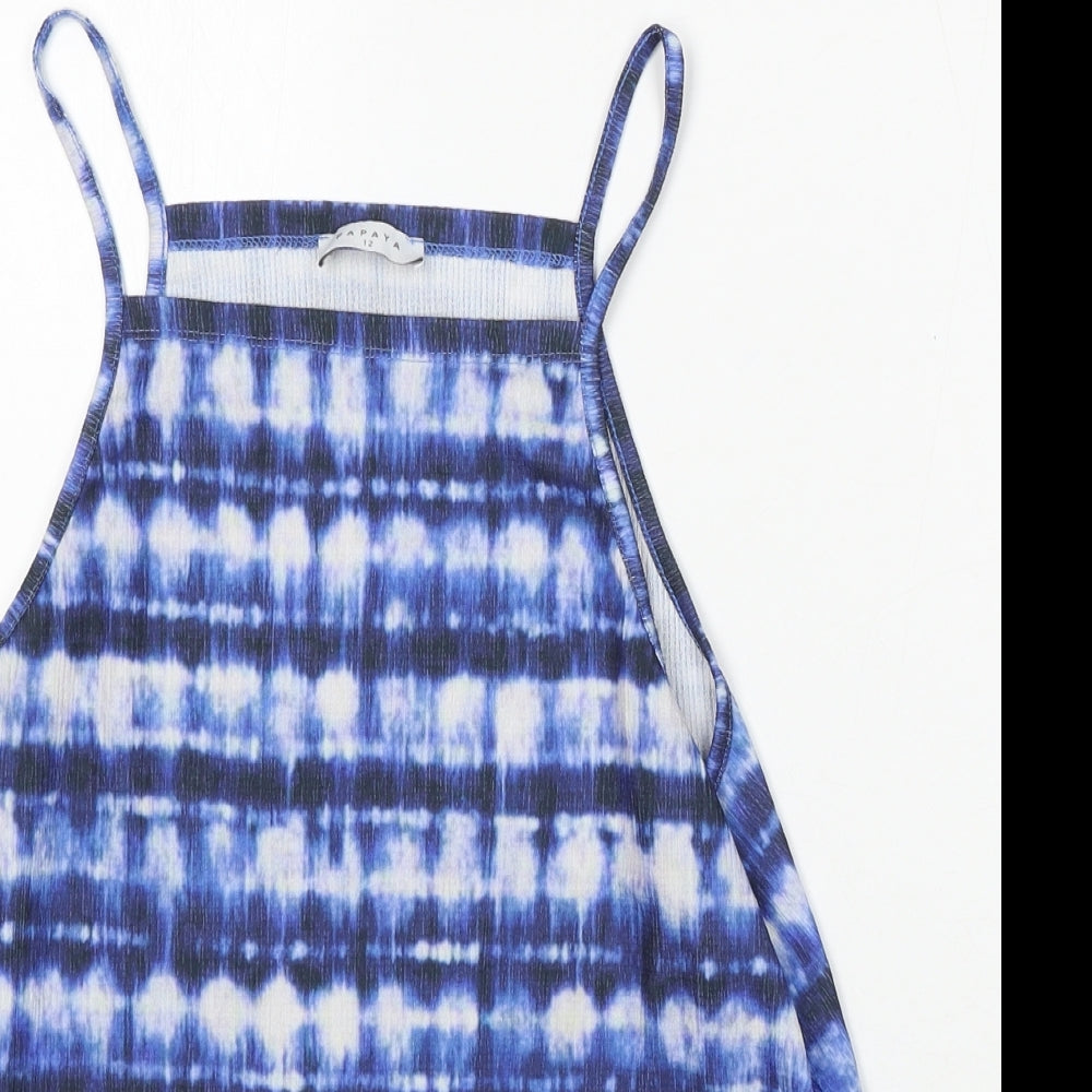 Papaya Womens Blue Geometric Polyester Basic Tank Size 12 Square Neck