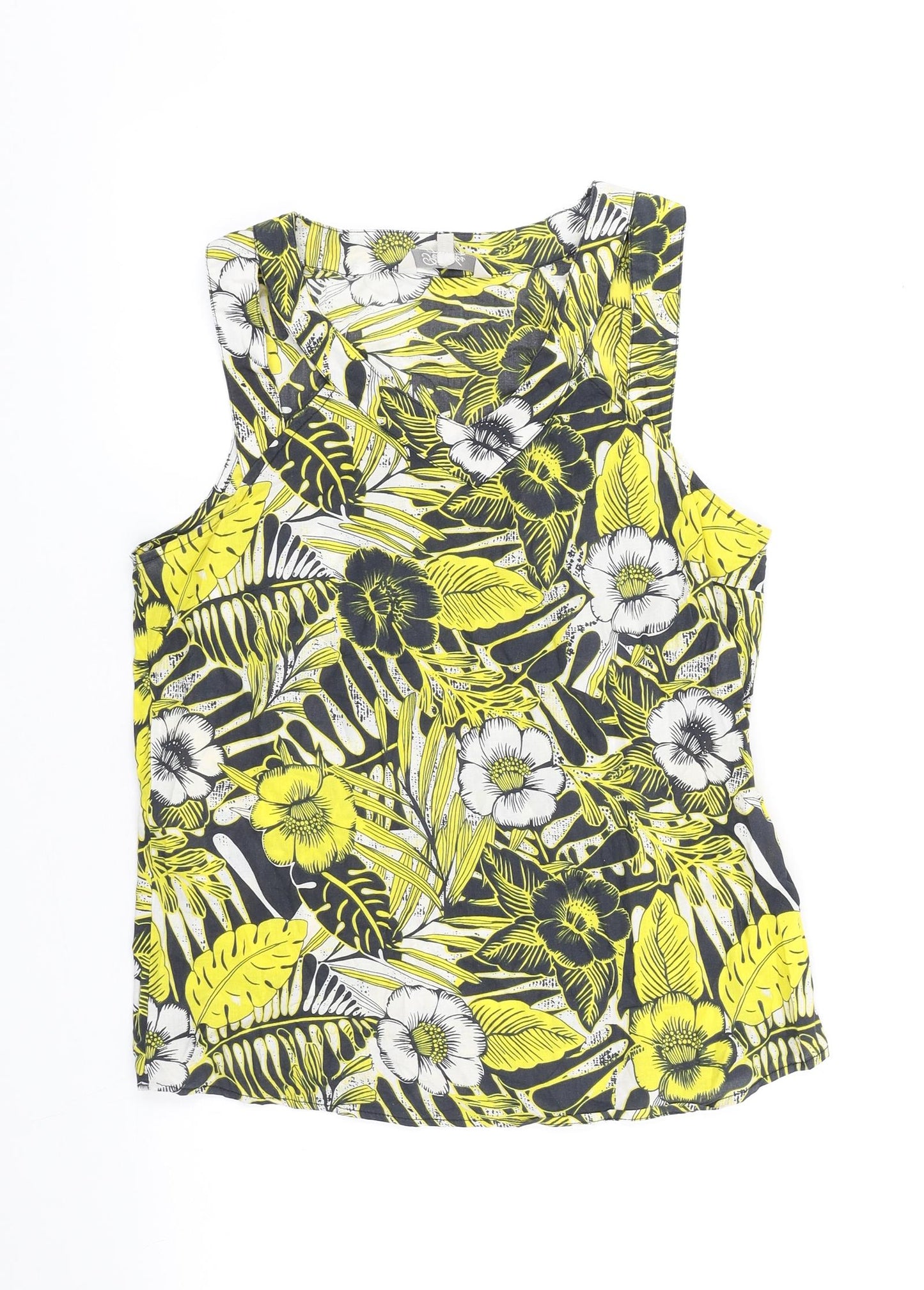 Peackocks Womens Yellow Floral 100% Cotton Tunic Blouse Size 10 V-Neck - V Neck