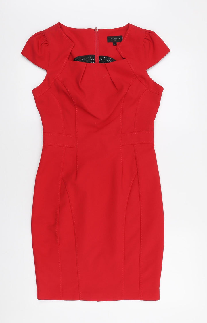 New Look Womens Red Polyester Pencil Dress Size 10 Square Neck Zip - Formal