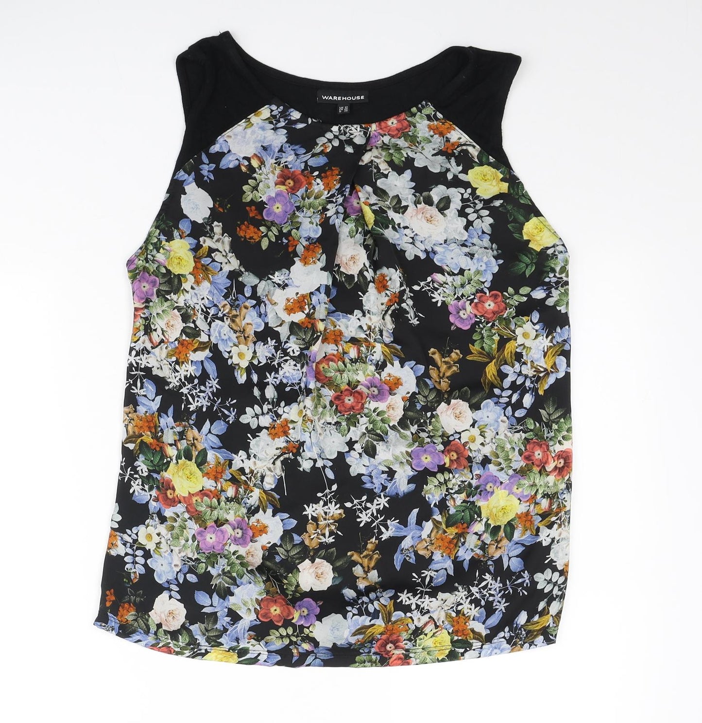 Warehouse Womens Black Floral Polyester Tunic Blouse Size 12 Scoop Neck - Pleated front