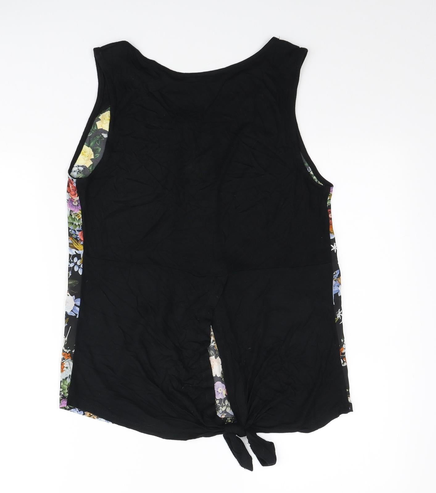 Warehouse Womens Black Floral Polyester Tunic Blouse Size 12 Scoop Neck - Pleated front