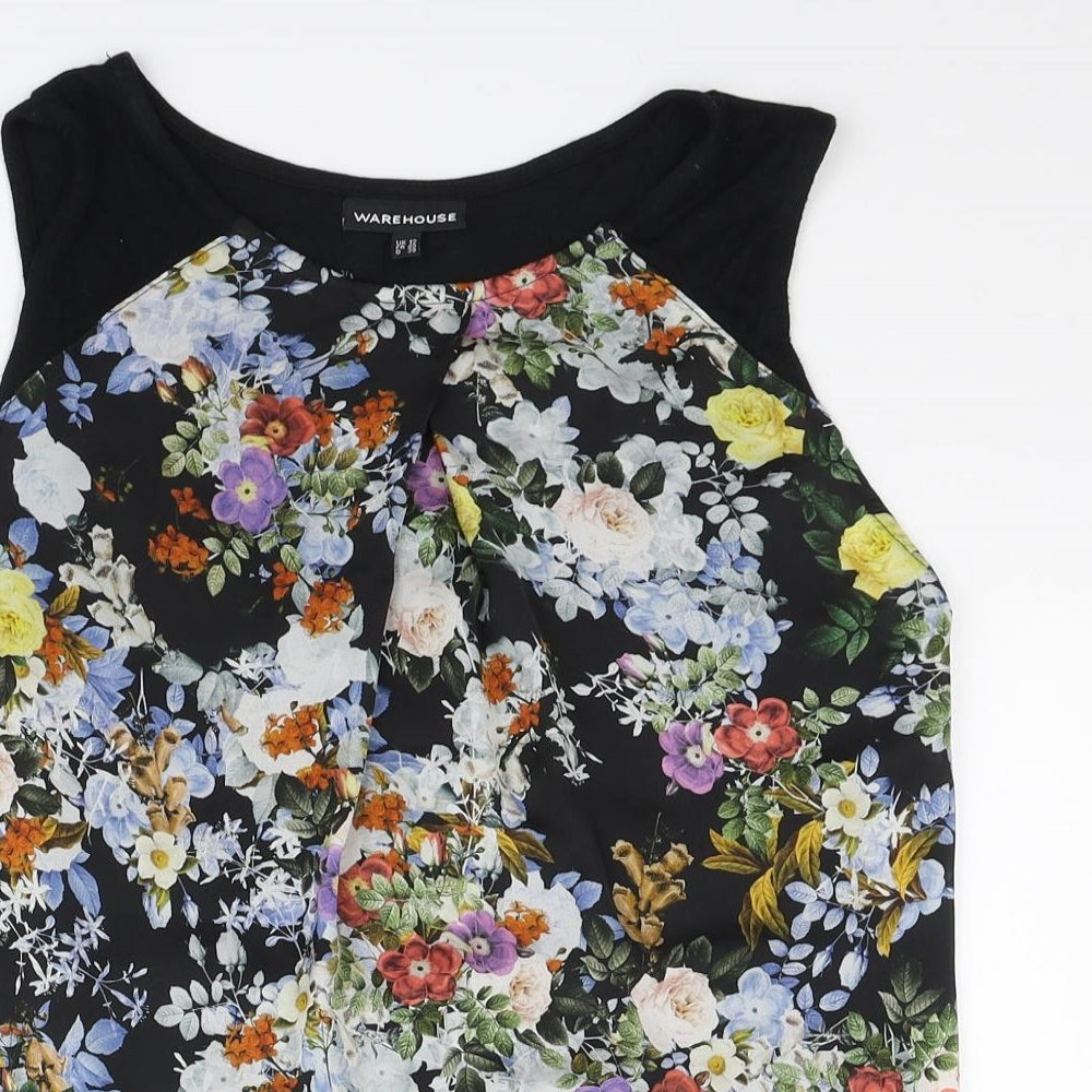Warehouse Womens Black Floral Polyester Tunic Blouse Size 12 Scoop Neck - Pleated front