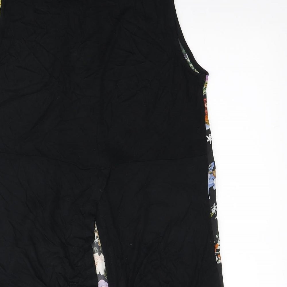 Warehouse Womens Black Floral Polyester Tunic Blouse Size 12 Scoop Neck - Pleated front
