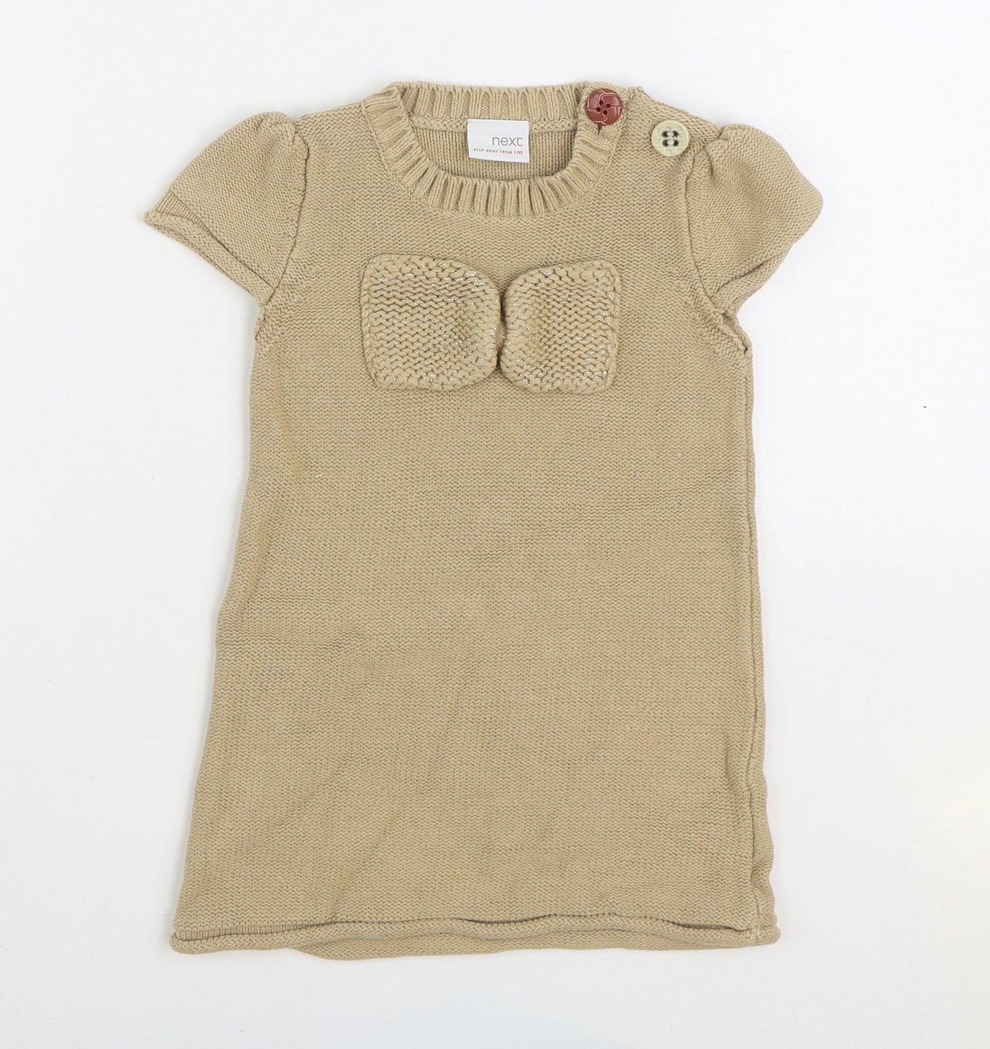 NEXT Girls Brown Cotton Jumper Dress Size 2-3 Years Round Neck Button - v