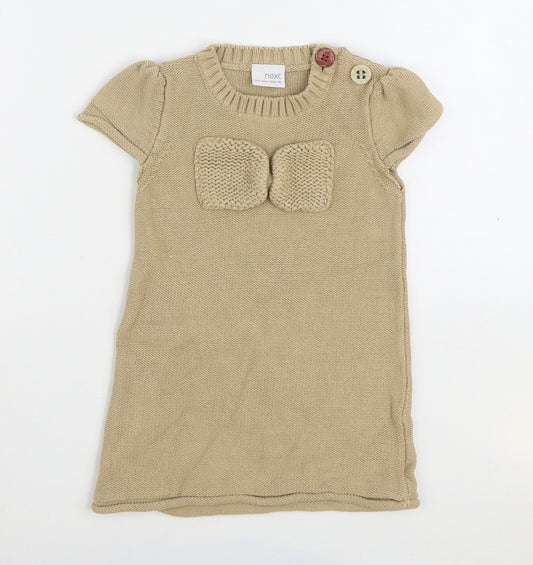 NEXT Girls Brown Cotton Jumper Dress Size 2-3 Years Round Neck Button - v