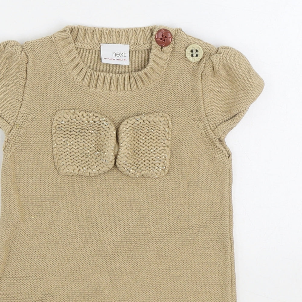 NEXT Girls Brown Cotton Jumper Dress Size 2-3 Years Round Neck Button - v