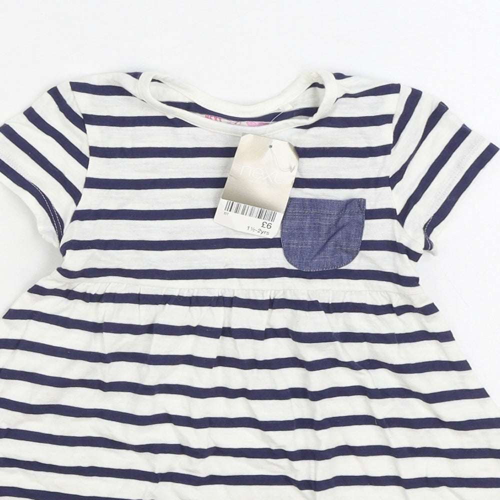 NEXT Girls Blue Striped 100% Cotton A-Line Size 18-24 Months Boat Neck Pullover