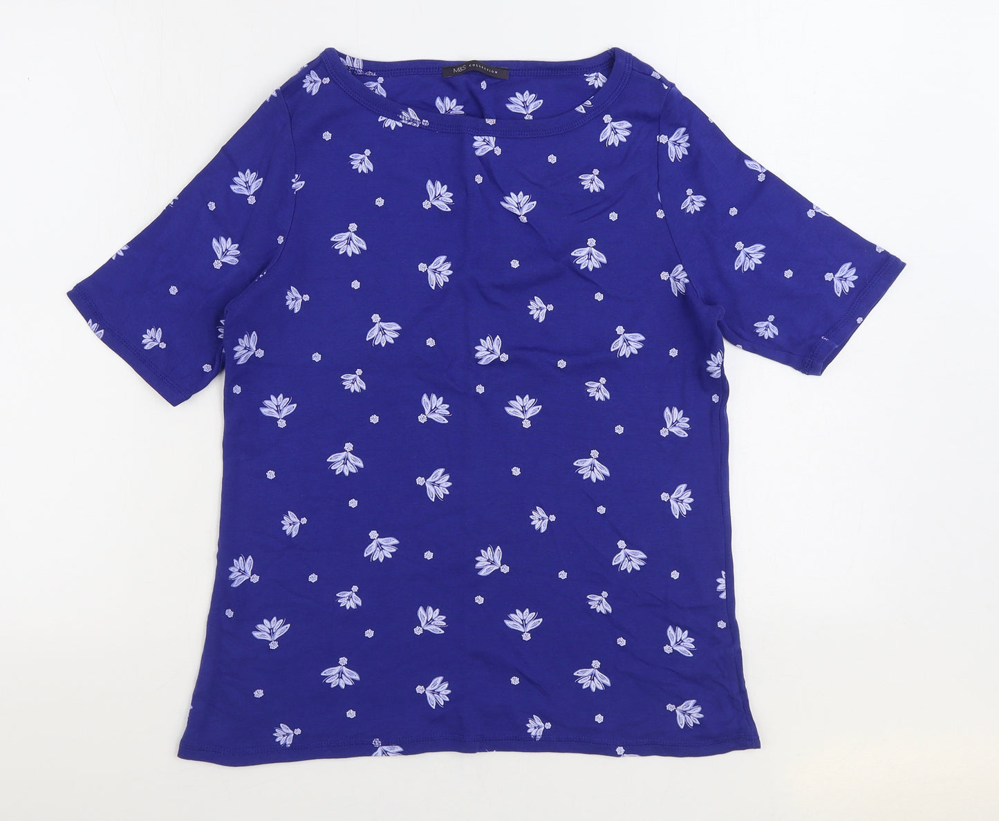 Marks and Spencer Womens Blue Floral 100% Cotton Basic T-Shirt Size 16 Boat Neck